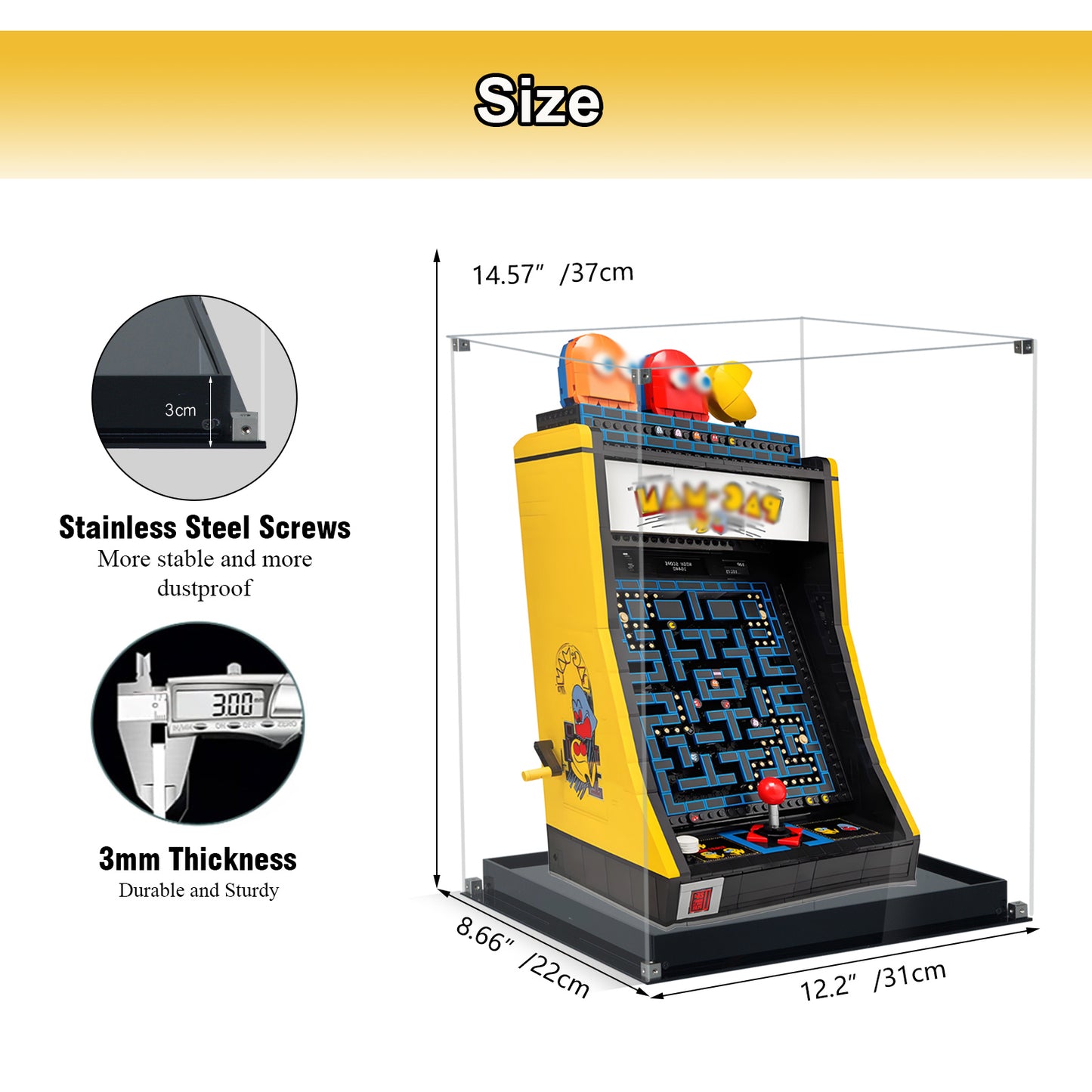 Acrylic Display Case Compatible with Lego 10323 PAC-Man Arcade Set, Creative Magnetic Front Panel, Dustproof Clear Display Box Compatible with Lego 10323 Icons Building Blocks Model (Case Only)