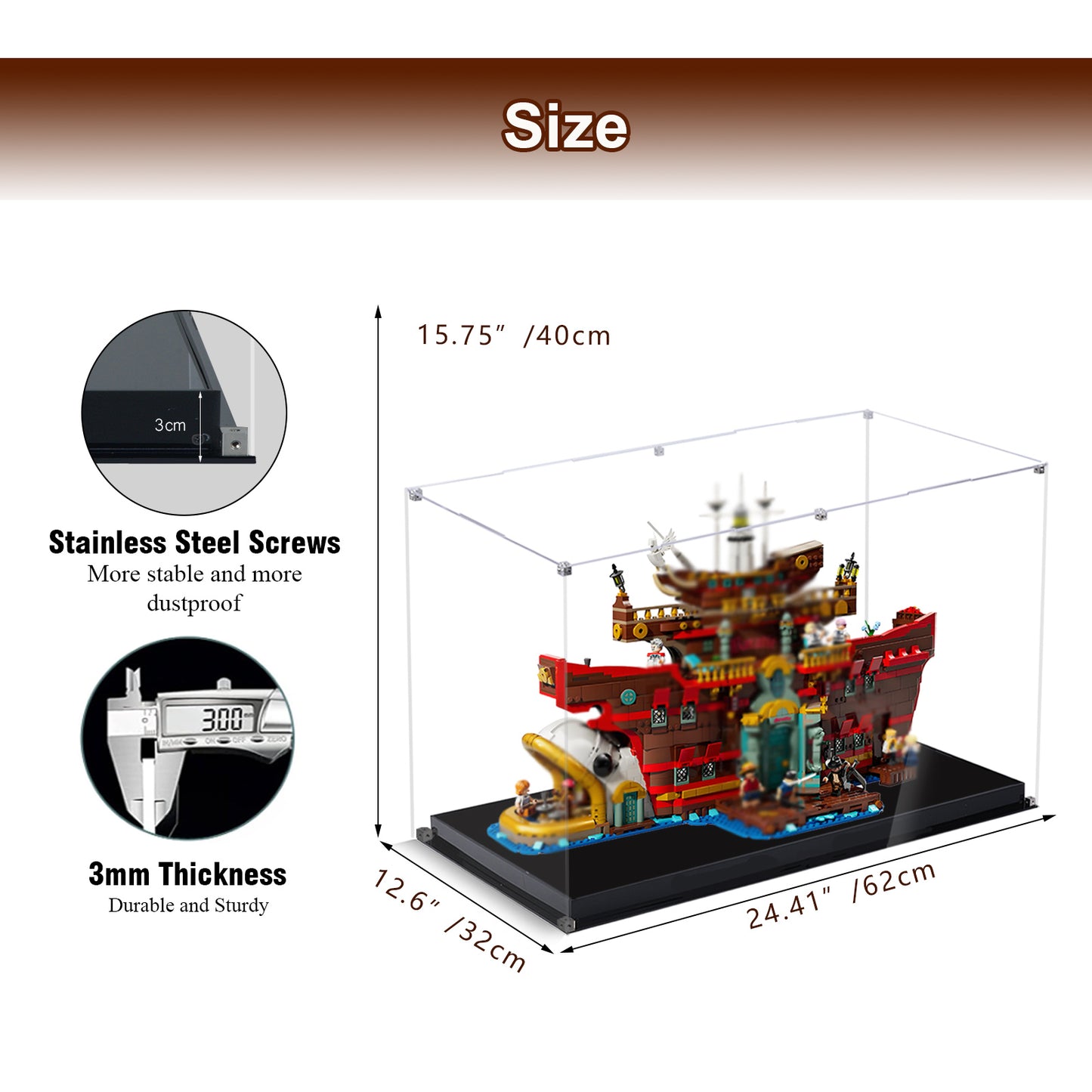 Acrylic Display Case Compatible with Lego 75640 One Piece The Baratie Floating Restaurant Collectible Set, Innovative Magnetic Front Panel Dustproof Display Box Compatible with Lego75640