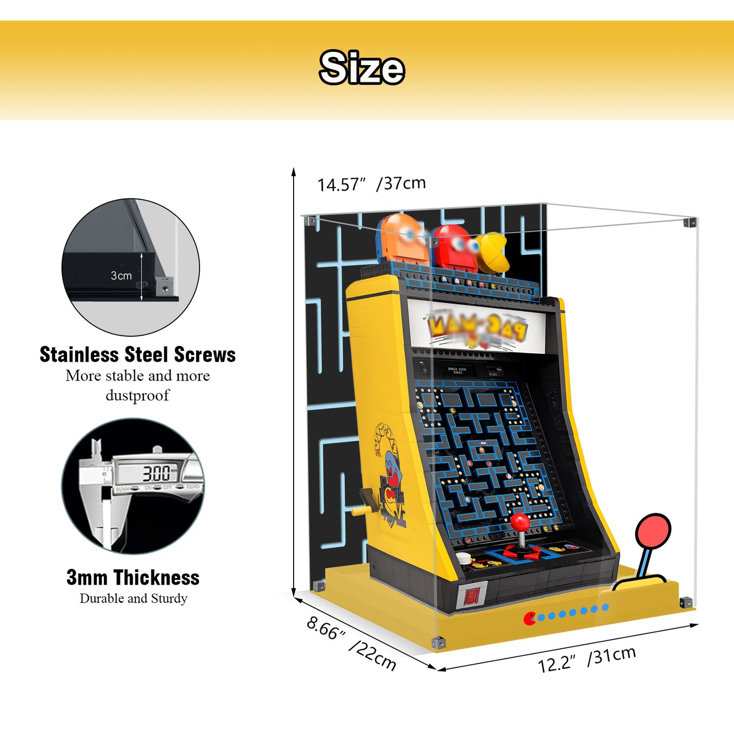 Acrylic Display Case Compatible with Lego 10323 PAC-Man Arcade Set, Creative Magnetic Front Panel, Dustproof Clear Display Box Compatible with Lego 10323 Icons Building Blocks Model (Case Only)