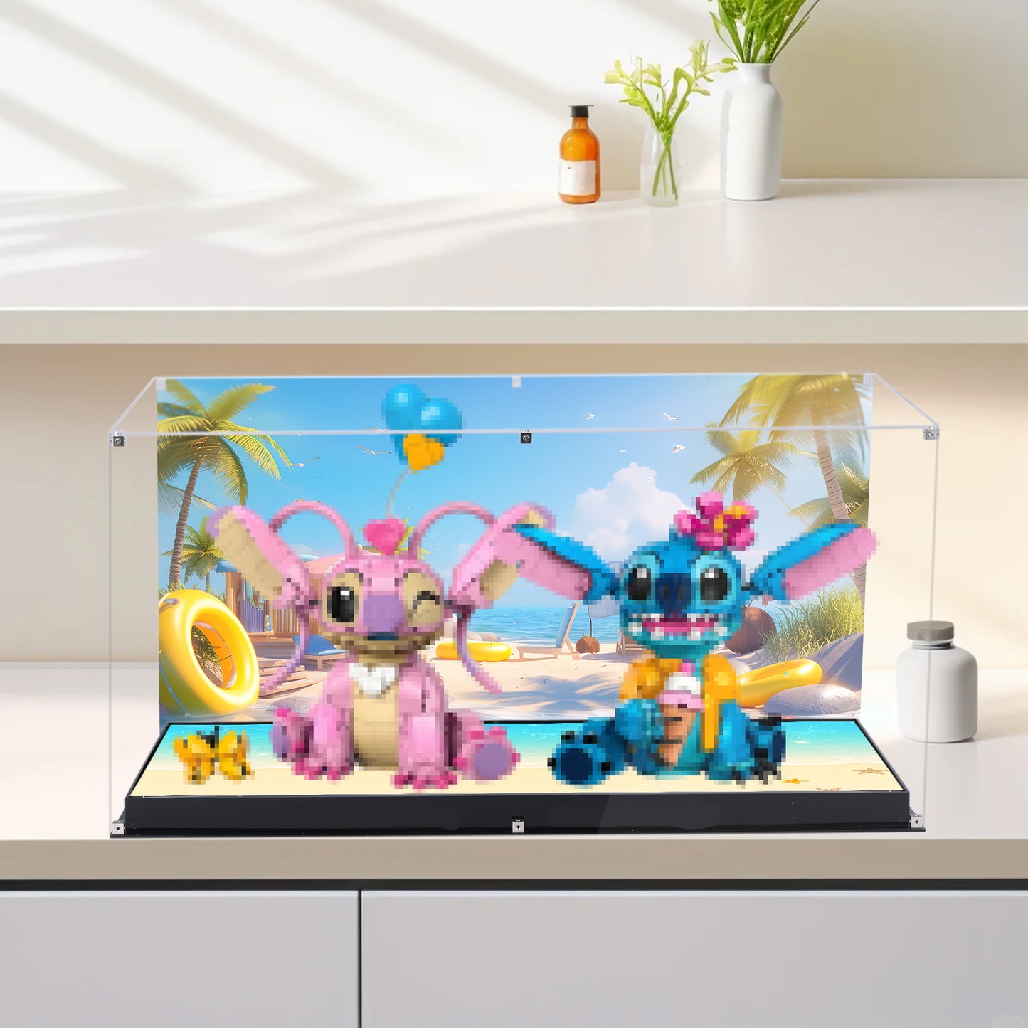 Acrylic Display Case Compatible with Lego Stitch 43257 & Angel 43249, Dustproof Showcase Box with Magnetic Front Panel and HD Backdrop, Storage Display Compatible with Lego Collectibles (Case Only)