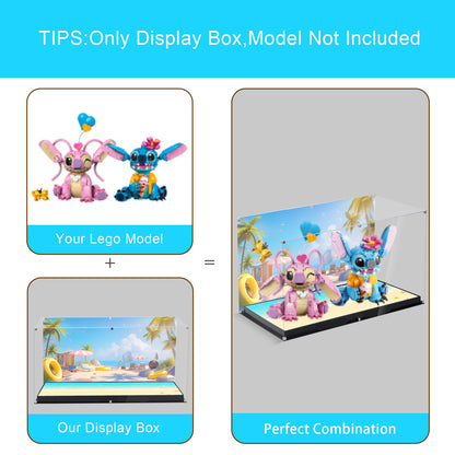 Acrylic Display Case Compatible with Lego Stitch 43257 & Angel 43249, Dustproof Showcase Box with Magnetic Front Panel and HD Backdrop, Storage Display Compatible with Lego Collectibles (Case Only)